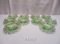 10 SETS ANTIQ BACCARAT GREEN SWIRL H/PAINTED GOLD ROSE FINGERTIP BOWLS w SAUCERS