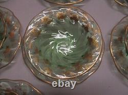 10 SETS ANTIQ BACCARAT GREEN SWIRL H/PAINTED GOLD ROSE FINGERTIP BOWLS w SAUCERS