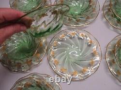 10 SETS ANTIQ BACCARAT GREEN SWIRL H/PAINTED GOLD ROSE FINGERTIP BOWLS w SAUCERS