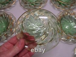 10 SETS ANTIQ BACCARAT GREEN SWIRL H/PAINTED GOLD ROSE FINGERTIP BOWLS w SAUCERS