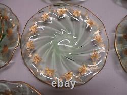10 SETS ANTIQ BACCARAT GREEN SWIRL H/PAINTED GOLD ROSE FINGERTIP BOWLS w SAUCERS