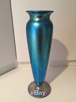 12 Tall Signed DURAND Iridescent Blue Art Glass Vase w Gold Base 1924