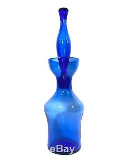 15 3/4 Blue Hand Blown BLENKO Glass Liquor Decanter with9 Stopper SIGNED