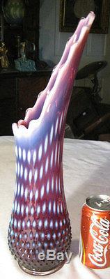 16 1/2 Rare Vintage Fenton Plum Hobnail Opalescent Art Glass Swung Flower Vase