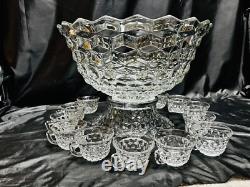 17 ½ Fostoria Punch Bowl, Stand (Also A Serving Bowl) & 12 Cups