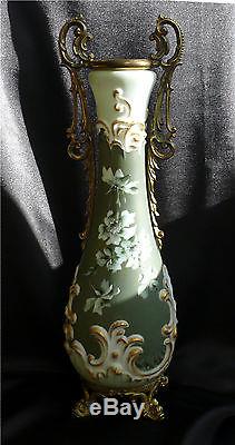 17 Signed Wave Crest CF Monroe Decorated Vase with Brass Mounts, Dolphin Feet