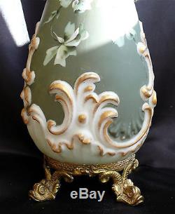 17 Signed Wave Crest CF Monroe Decorated Vase with Brass Mounts, Dolphin Feet