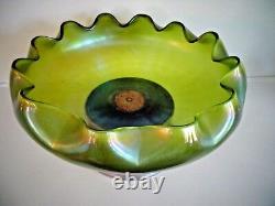 1870's KRALIK Bohemian Green Iridized Glass Mounted Bowl BROOKLYN SILVER Co Quad