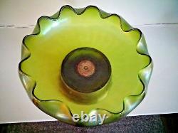 1870's KRALIK Bohemian Green Iridized Glass Mounted Bowl BROOKLYN SILVER Co Quad