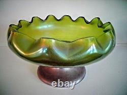 1870's KRALIK Bohemian Green Iridized Glass Mounted Bowl BROOKLYN SILVER Co Quad