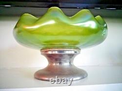 1870's KRALIK Bohemian Green Iridized Glass Mounted Bowl BROOKLYN SILVER Co Quad