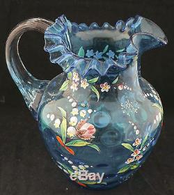 1880 Phoenix Blown Art Glass Enameled Spot-Optic Water Pitcher Tumblers