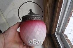 1880s MOUNT WASHINGTON PINK & WHITE SATIN ART GLASS DIAMOND QUILTED BISCUIT JAR