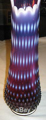 18 1/4 Fenton Purple Plum Opalescent Hobnail Flower Art Glass Swung Vase Mint