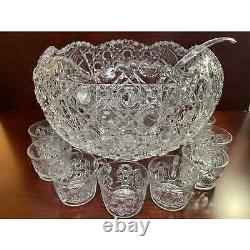 1950's Vintage American Pressed Glass Punch Bowl Set With 12 Matching Cups