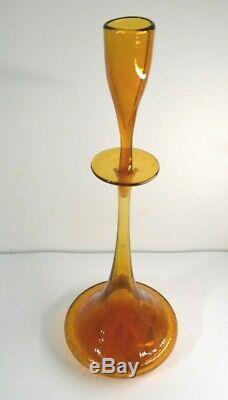 1961 BLENKO Shot Glass Stopper Bottle Decanter Honey Amber Crackle Wayne Husted