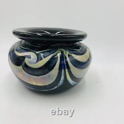 1975 Quintin Lake Black Blown Glass Cauldron Vase Pulled Feather Art Nouveau