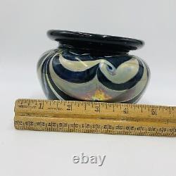 1975 Quintin Lake Black Blown Glass Cauldron Vase Pulled Feather Art Nouveau