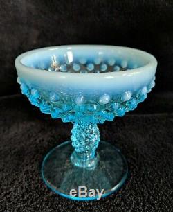 1980's Fenton AQUA BLUE HOBNAIL OPALESCENT CHAMPAGNE BOWL + 8 WINE GLASSES SET