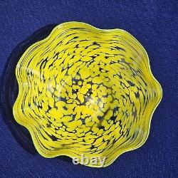 1996 Signed Art Studio Blown Yellow Spotted Glass Bowl Green Wavy Rim