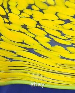 1996 Signed Art Studio Blown Yellow Spotted Glass Bowl Green Wavy Rim