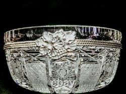 1 (One) QUEEN LACE Cut & Etched Large Lead Crystal Round Bowl w Sliver Mounting