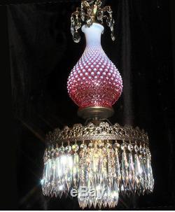 1of2 Fenton hanging SWAG Cranberry art Glass Crystal Lamp Chandelier Vintage
