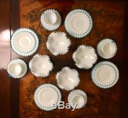 20 Piece Fenton Aqua Crest Milk Glass Tea Cups, Saucers, Plates, & Compote Set