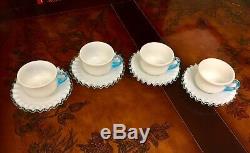 20 Piece Fenton Aqua Crest Milk Glass Tea Cups, Saucers, Plates, & Compote Set