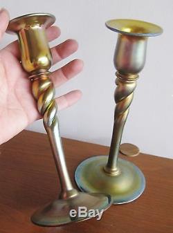 2 Antique Steuben Aurene Iridescent Art Glass 686 Candlesticks Candle Holders