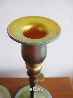 2 Antique Steuben Aurene Iridescent Art Glass 686 Candlesticks Candle Holders