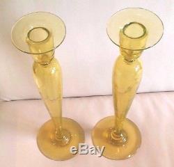 2 Antique Steuben Candlesticks-16-Citron Yellow-Carder Art Glass-Signed-1910