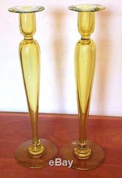 2 Antique Steuben Candlesticks-16-Citron Yellow-Carder Art Glass-Signed-1910