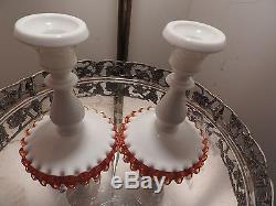 2 Fenton Silver Crest Milk Glass Flame Crest Ruffle Edge Candlestick Holders