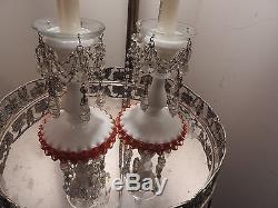 2 Fenton Silver Crest Milk Glass Flame Crest Ruffle Edge Candlestick Holders