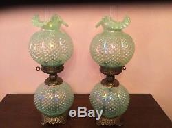 2- Fenton Willow Green Opalescent Hobnail Gone With The Wind Lamps
