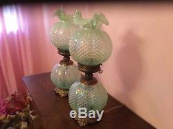 2- Fenton Willow Green Opalescent Hobnail Gone With The Wind Lamps