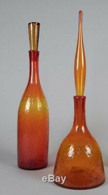 (2) Tangerine Blenko Crackle Glass Decanters One Lot