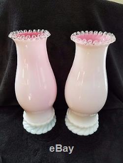 2 Vintage Fenton Peach Blow Silver Crest Hurricane Candle Lamp Shades + Bases