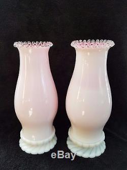 2 Vintage Fenton Peach Blow Silver Crest Hurricane Candle Lamp Shades + Bases