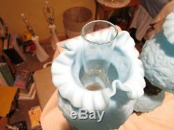 2 Vintage Fenton Poppy Blue Satin Milk Glass Table Lamps