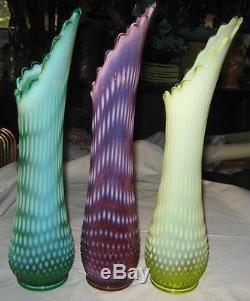 3 Huge Fenton Art Glass Hobnail Opalescent Hand Swung Flower Vase Plum Vaseline