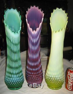 3 Huge Fenton Art Glass Hobnail Opalescent Hand Swung Flower Vase Plum Vaseline