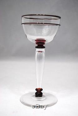 4 Carder Period Steuben Wine Glass Goblets with Selenium Red Decoration