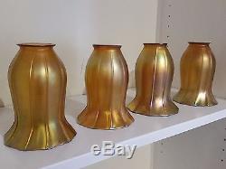 4 Quezal Signed Vintage Gold Aurene Tulip Ribbed Art Glass Shades NO RESERVE