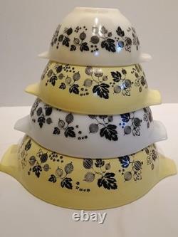 4 Vtg Pyrex Gooseberry Yellow, Black & White Cinderella Mixing Bowls Set Nesting