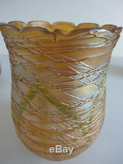 4pcs QUEZAL Iridiscent Gold Feather Threaded Lustre Art Glass Shades Signed 5