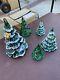 5 FENTON EMERALD GREEN CHRISTMAS FLOCKED And PLAIN TREES with GOLD BOWS
