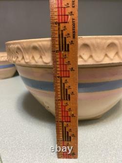 5 Vtg McCoy USA Mixing Bowls Yellow Ware Blue/Pink Stripe Pie Crust Edge RARE
