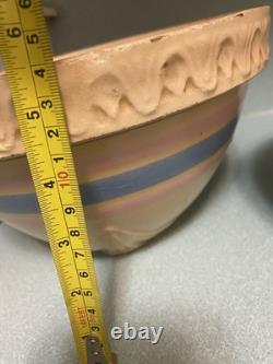 5 Vtg McCoy USA Mixing Bowls Yellow Ware Blue/Pink Stripe Pie Crust Edge RARE